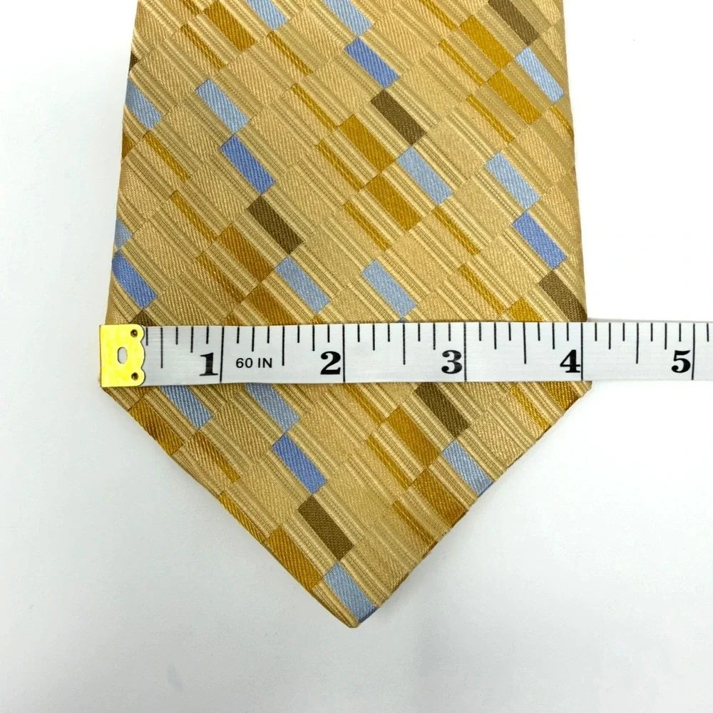 Pronto Uomo Silk Tie Geometric Gold Blue Brown 59.5 Inch‎